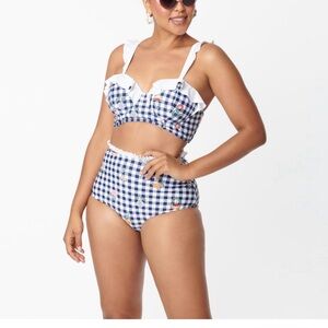 Unique Vintage Navy Gingham Floral High-Waist Retro Style Bikini